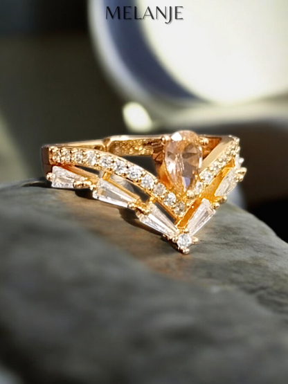 Pear Shaped Champagne Crystal Negative V Design Adjustable Gold Crown Ring