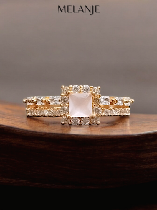Baby Pink Square Solitaire Crystal Double Row Cubic Zirconia Adjustable Halo Gold Ring