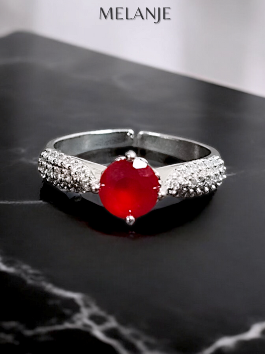 Red Solitaire Crystal Triple Row Inlaid Zircons Adjustable Ring