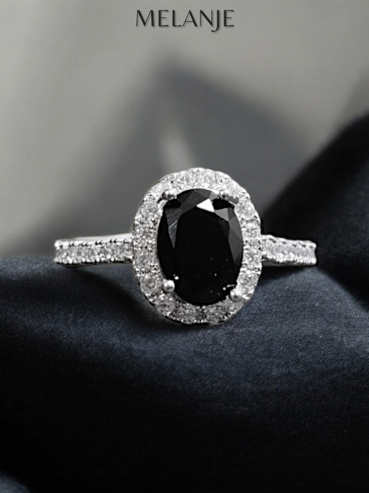 Oval Black Solitaire Crystal Single Row Cubic Zirconia Adjustable Halo Ring