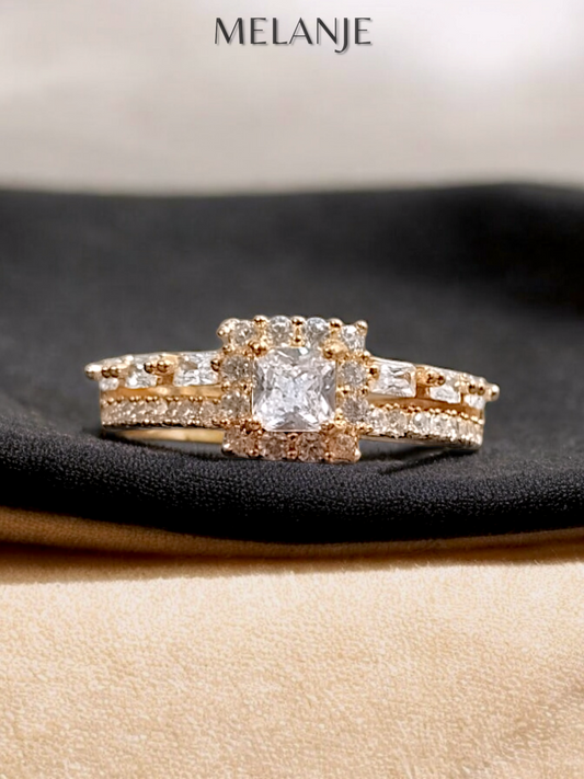 Clear Square Solitaire Crystal Double Row Cubic Zirconia Adjustable Halo Gold Ring