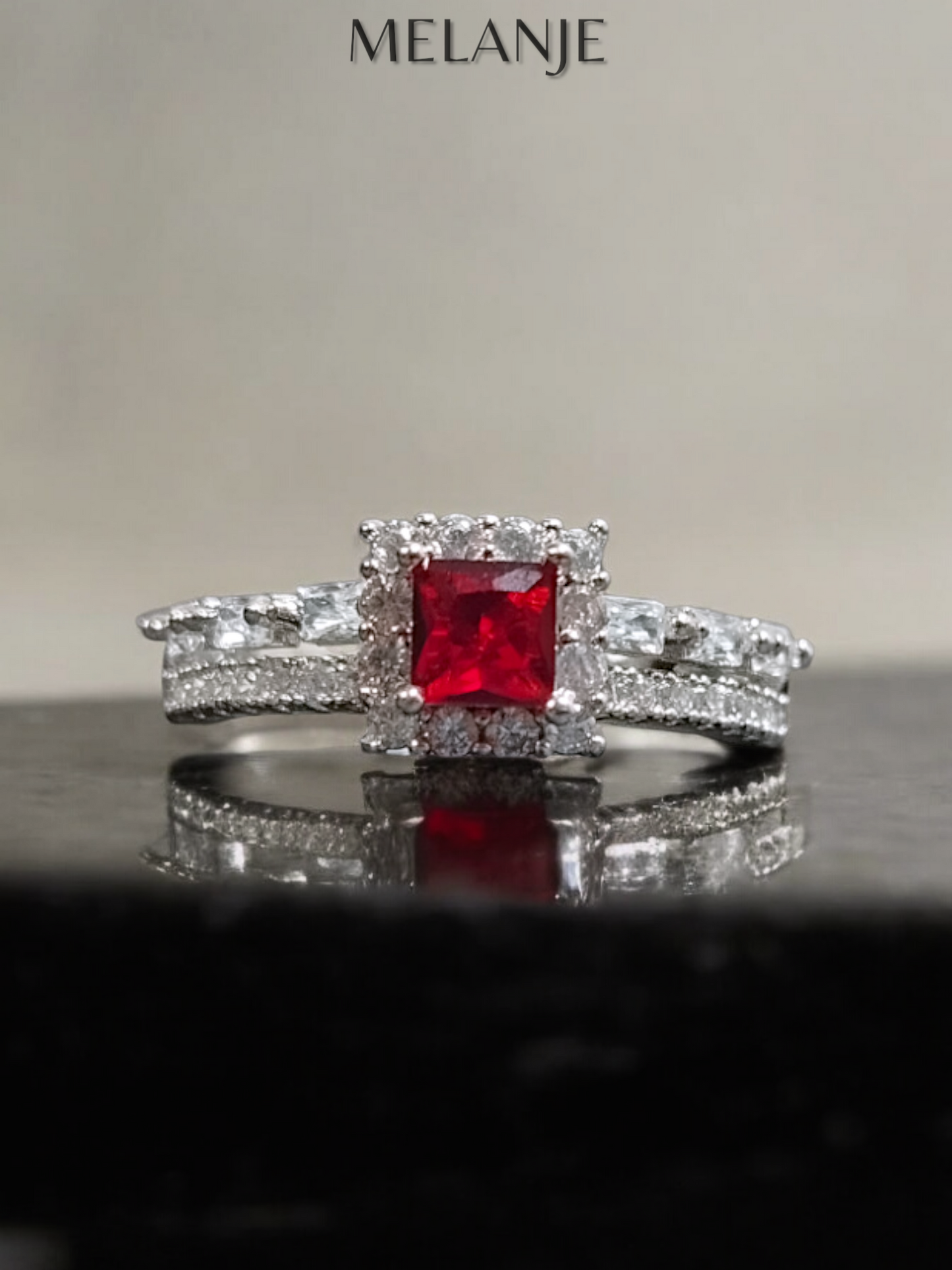 Deep Ruby Square Solitaire Crystal Double Row Cubic Zirconia Adjustable Halo Ring
