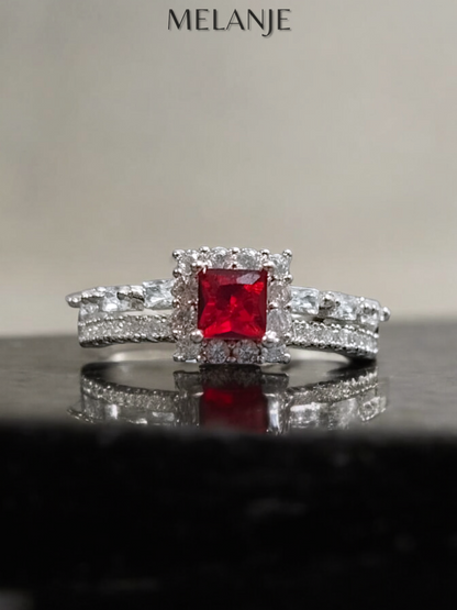 Deep Ruby Square Solitaire Crystal Double Row Cubic Zirconia Adjustable Halo Ring