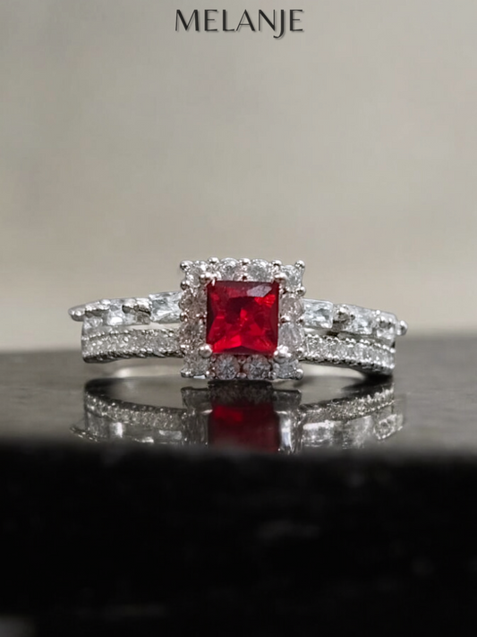 Deep Ruby Square Solitaire Crystal Double Row Cubic Zirconia Adjustable Halo Ring