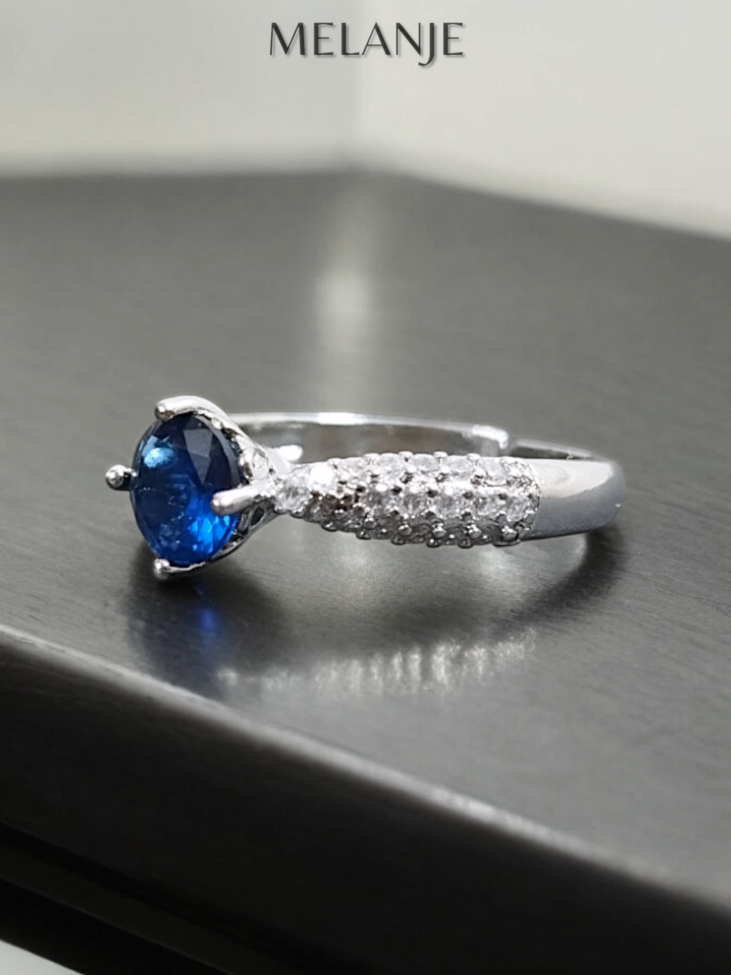 Blue Solitaire Crystal Triple Row Inlaid Zircons Adjustable Ring