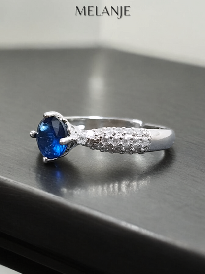 Blue Solitaire Crystal Triple Row Inlaid Zircons Adjustable Ring