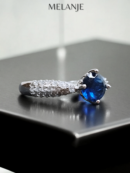 Blue Solitaire Crystal Triple Row Inlaid Zircons Adjustable Ring