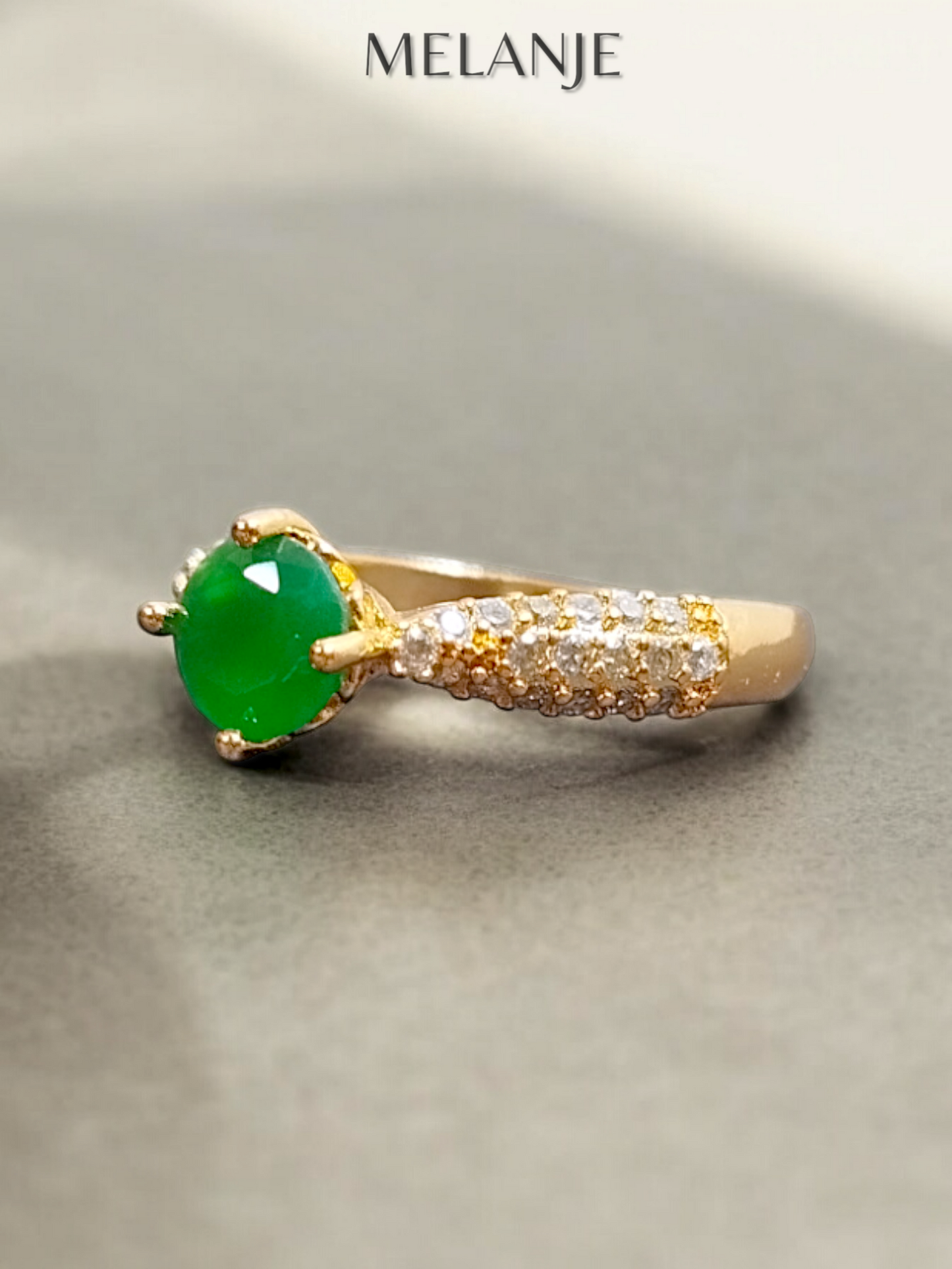 Dark Green Solitaire Crystal Triple Row Inlaid Zircons Adjustable Gold Ring