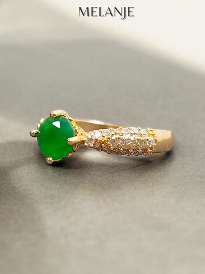 Dark Green Solitaire Crystal Triple Row Inlaid Zircons Adjustable Gold Ring