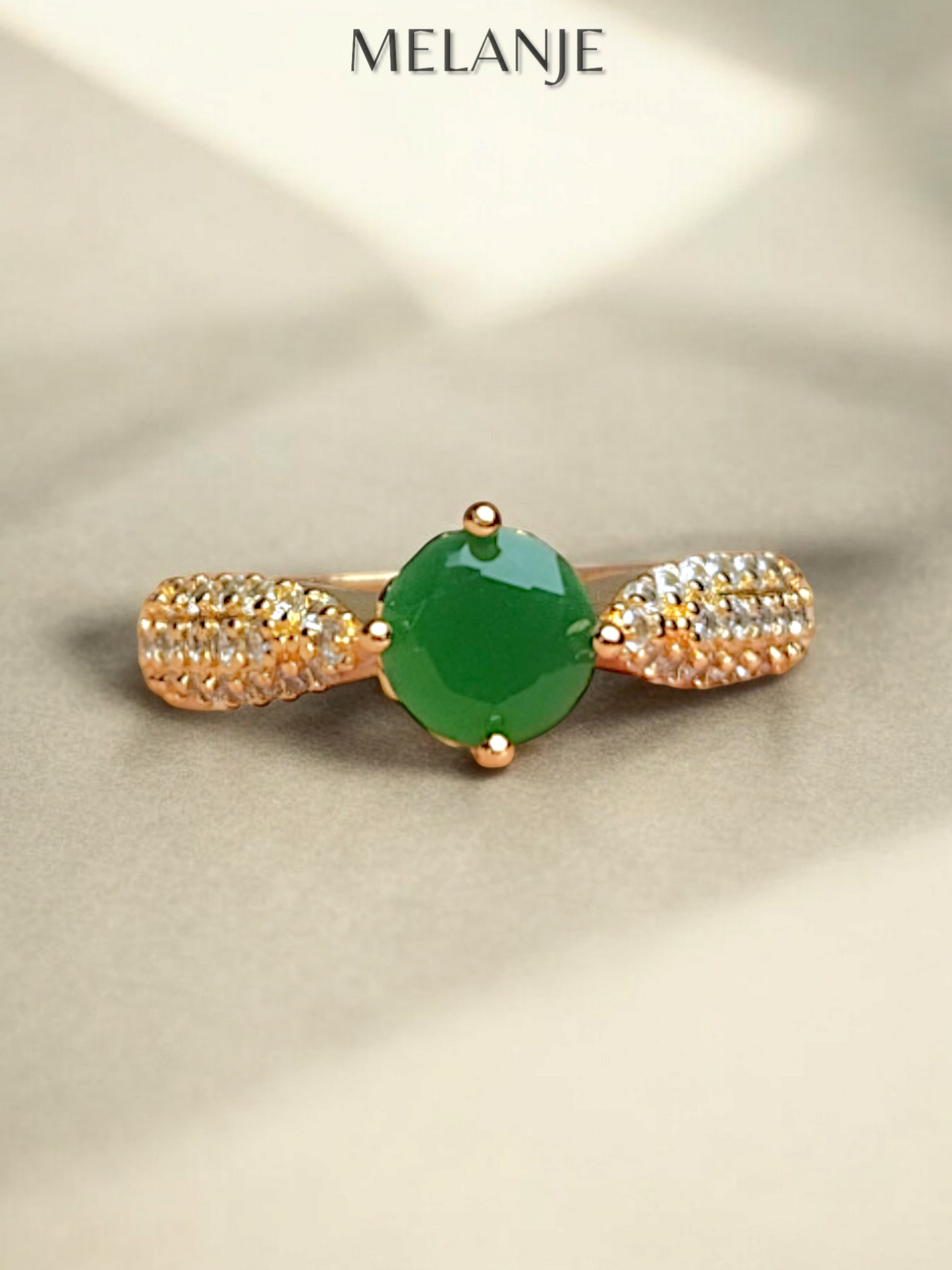 Dark Green Solitaire Crystal Triple Row Inlaid Zircons Adjustable Gold Ring