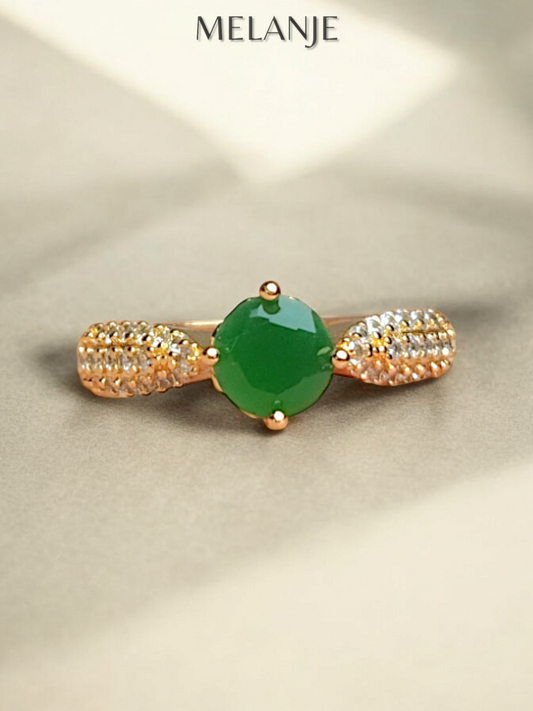 Dark Green Solitaire Crystal Triple Row Inlaid Zircons Adjustable Gold Ring