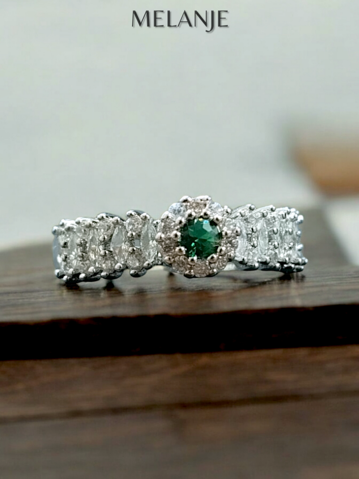 925 Sterling Silver Emerald Solitaire Crystal Marquise & Flower Cut Cubic Zirconia Adjustable Luxury Ring