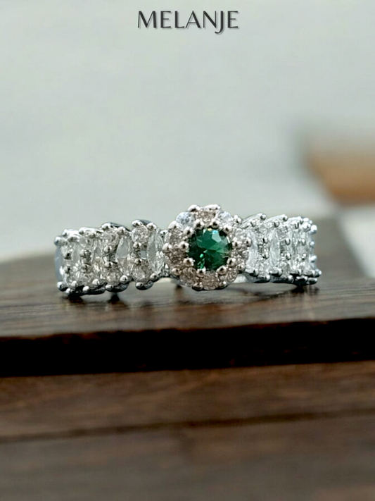 925 Sterling Silver Emerald Solitaire Crystal Marquise & Flower Cut Cubic Zirconia Adjustable Luxury Ring
