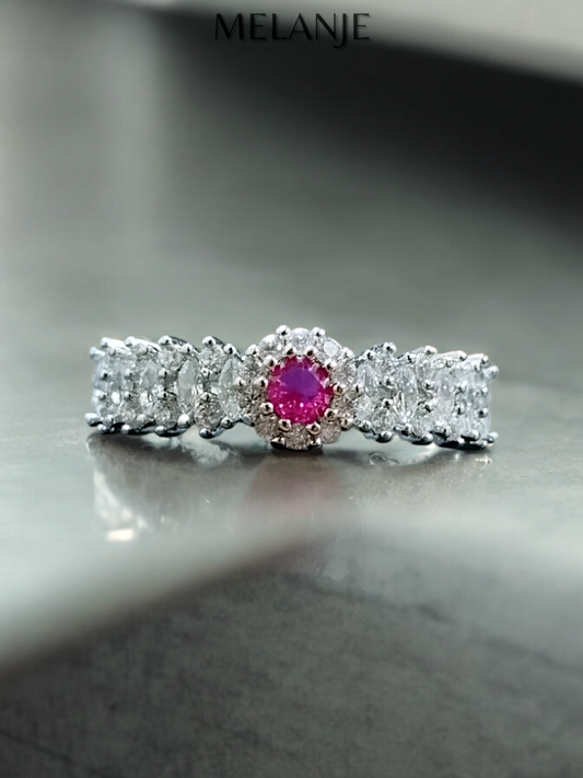 Marquise & Round Cut Cubic Zirconia Sterling Silver Solitaire Ruby Crystal Adjustable Flower Ring