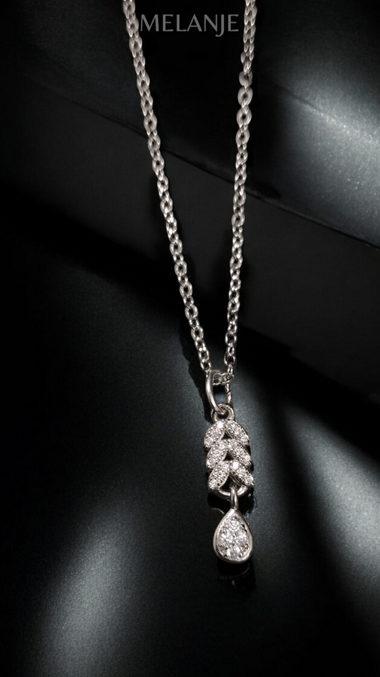 Sterling Silver & Stainless Steel Luxury Minimal Cubic Zirconia Leaf Pendant Necklace