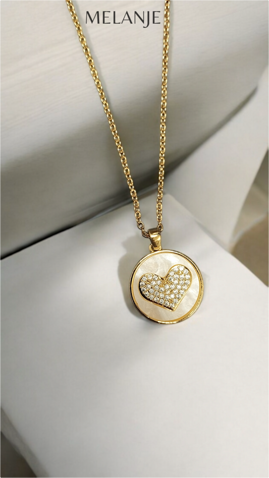 1k Gold Plated Round Cut Marble Cubic Zirconia Heart Charm Pendant Necklace