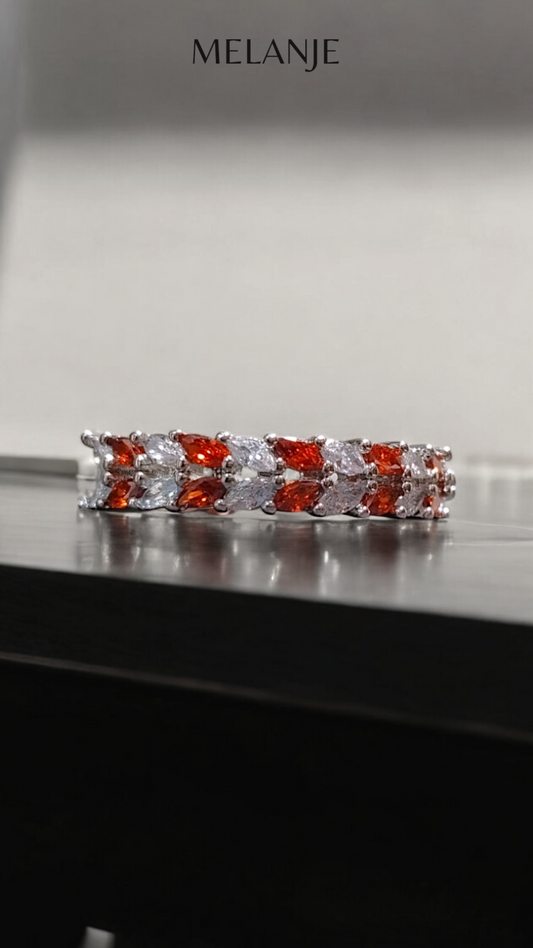Double Row Marquise Cut Rust & Clear Cubic Zirconia Sterling Silver Adjustable Ring