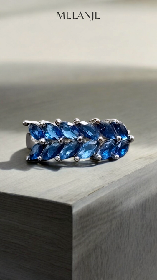 Sapphire Blue Marquise Cut Double Row Cubic Zirconia Chunky Leaf Adjustable Band Ring