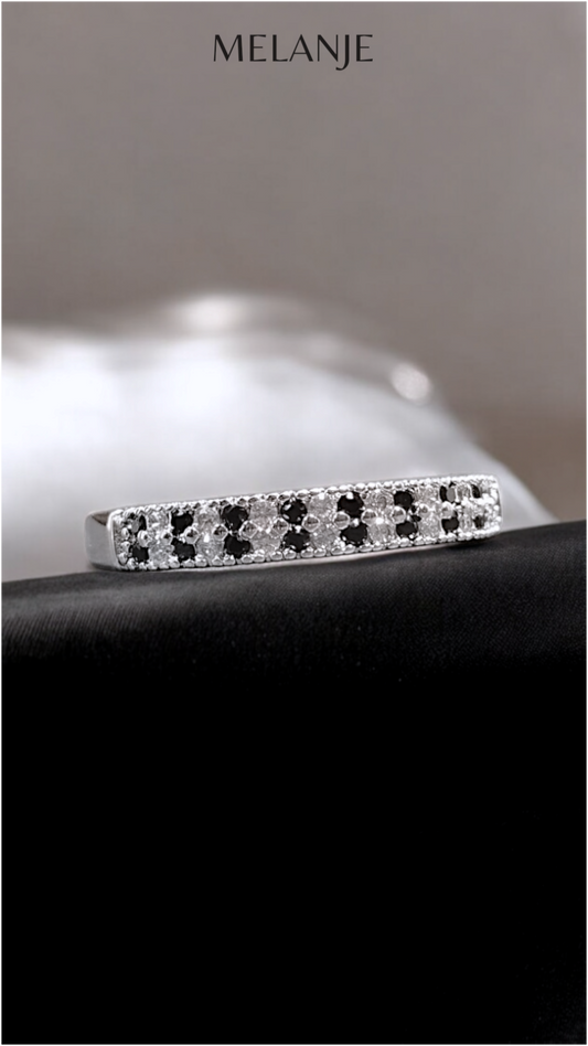 Black & Clear Cubic Zirconia Sterling Silver Double Row Adjustable Band Ring