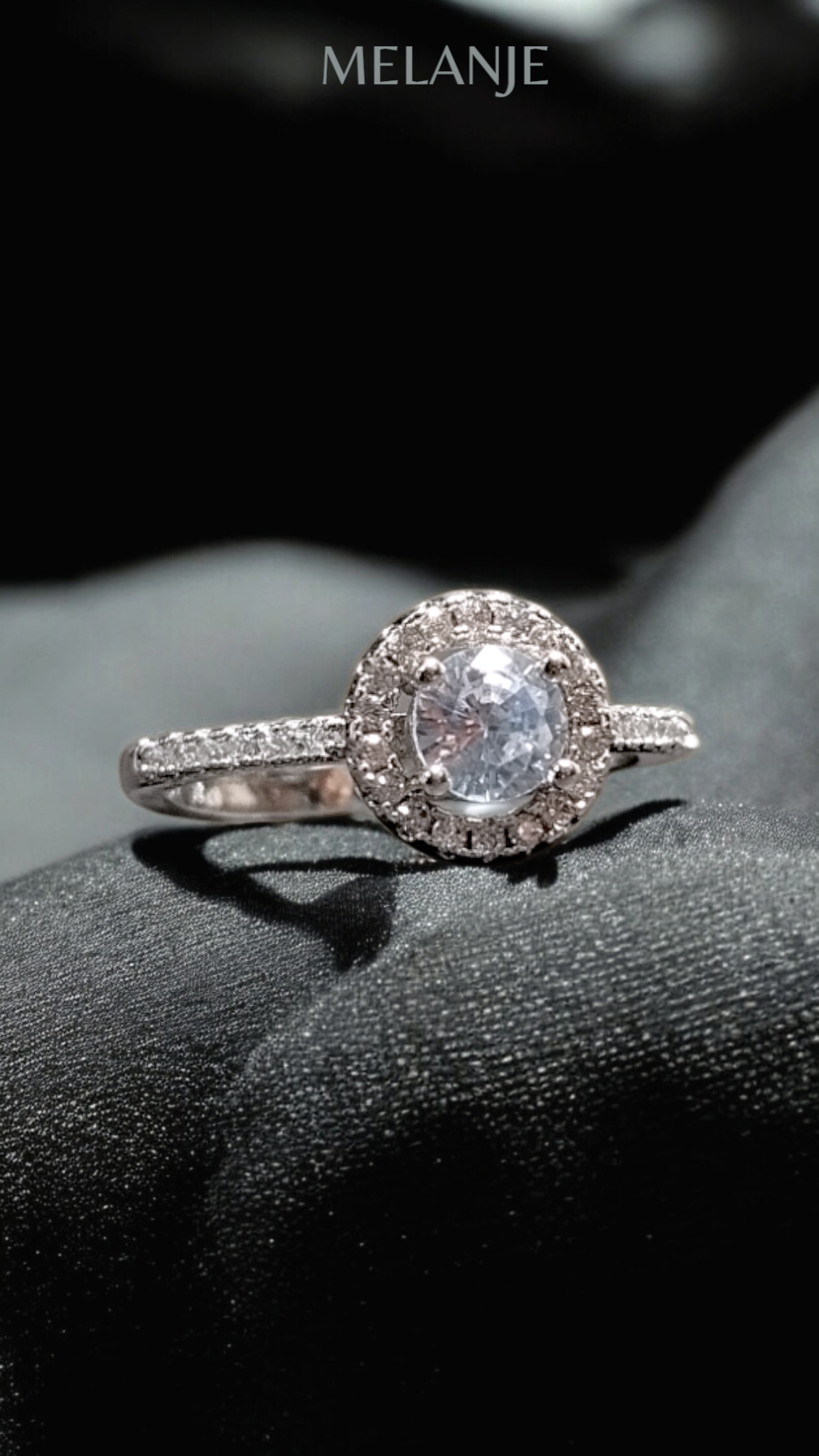 Clear Round Solitaire Crystal White Cubic Zirconia Sterling Silver Halo Adjustable Engagement Ring