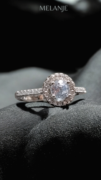 Clear Round Solitaire Crystal White Cubic Zirconia Sterling Silver Halo Adjustable Engagement Ring