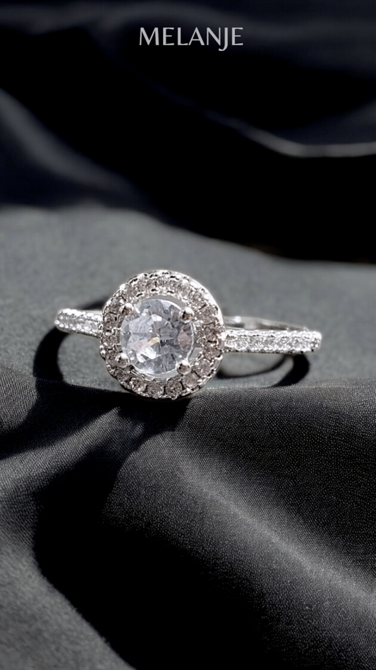 Clear Round Solitaire Crystal White Cubic Zirconia Sterling Silver Halo Adjustable Engagement Ring