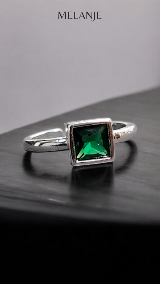 Emerald Solitaire Square Crystal Sterling Silver Adjustable Statement Ring