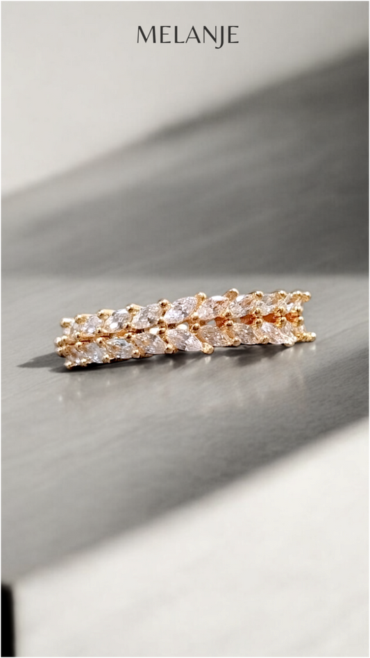 1K Gold Plated Double Row Marquise Cut Cubic Zirconia Adjustable Luxury Band Ring