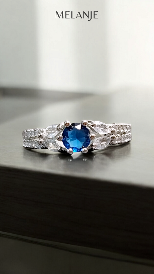 Navy Blue Round Solitaire Crystal White Cubic Zircon Double Row Design Adjustable Ring