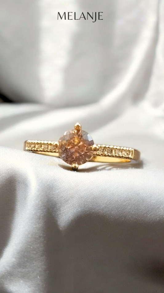 Dull Gold Round Solitaire Crystal White Cubic Zirconia Adjustable Gold Ring