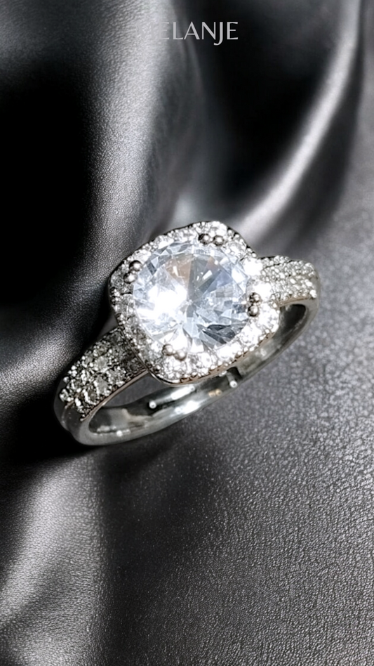 Clear Solitaire Crystal Sterling Silver Cubic Zirconia Cushion Cut Adjustable Triple Row Luxury Ring