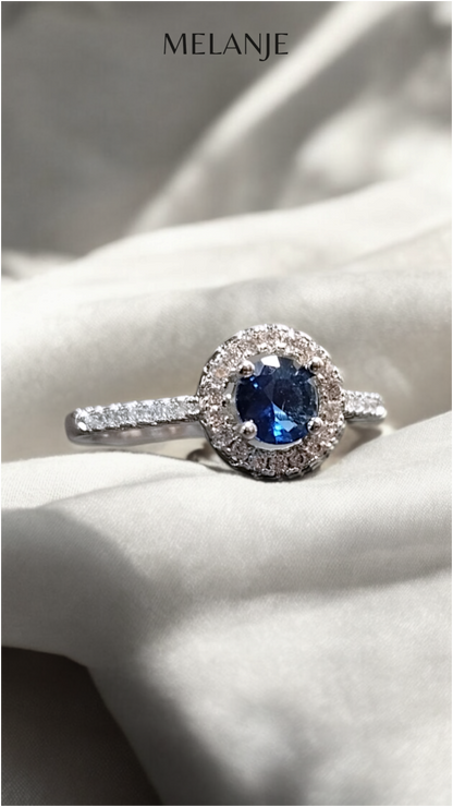 Sapphire Blue Round Solitaire Crystal Single Row Cubic Zirconia Adjustable Halo Engagement Ring