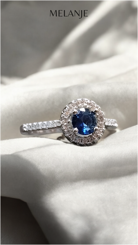 Sapphire Blue Round Solitaire Crystal Single Row Cubic Zirconia Adjustable Halo Engagement Ring