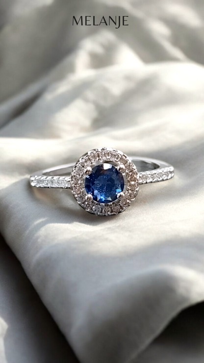 Sapphire Blue Round Solitaire Crystal Single Row Cubic Zirconia Adjustable Halo Engagement Ring