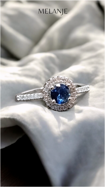 Sapphire Blue Round Solitaire Crystal Single Row Cubic Zirconia Adjustable Halo Engagement Ring