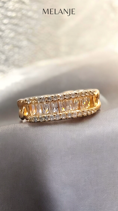 Gold Chain-Link Three-Row White Cubic Zircon Adjustable Waterproof Ring