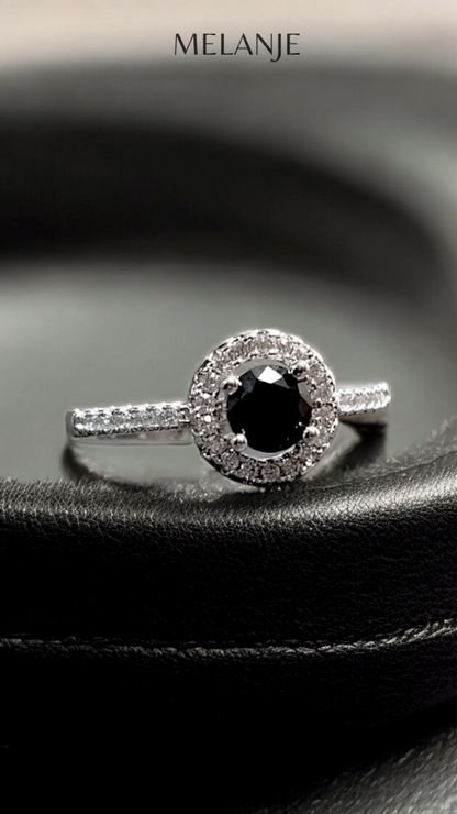 Sterling Silver Black Round Solitaire Crystal Cubic Zirconia Halo Adjustable Eternity Ring