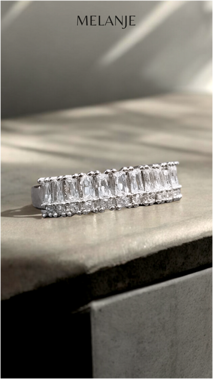 Sterling Silver Baguette & Round Cut Clear Cubic Zirconia Adjustable Band Ring