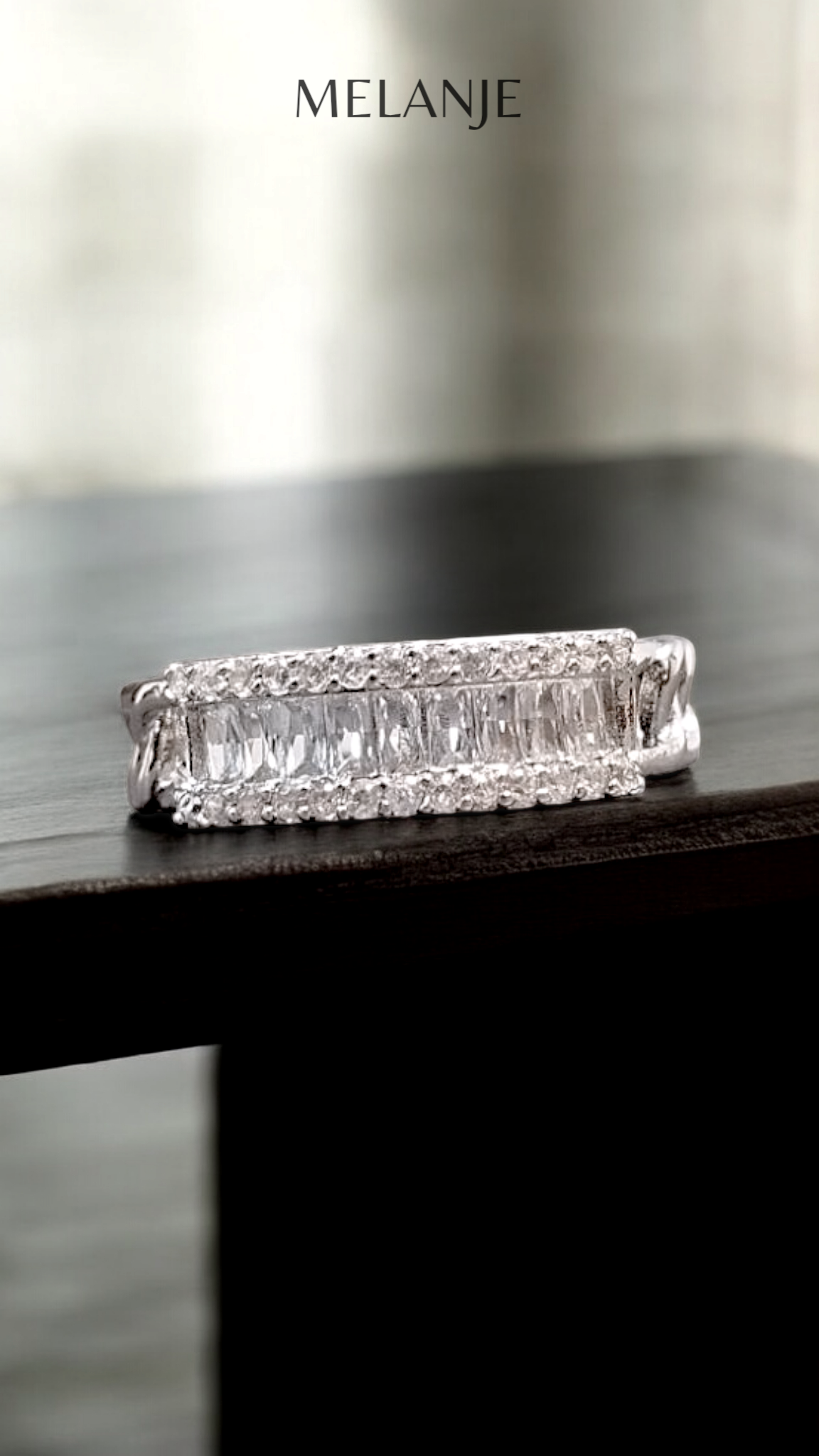 Sterling Silver Chain-Link Three-Row Design White Cubic Zircon Adjustable Ring