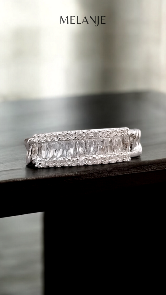 Sterling Silver Chain-Link Three-Row Design White Cubic Zircon Adjustable Ring