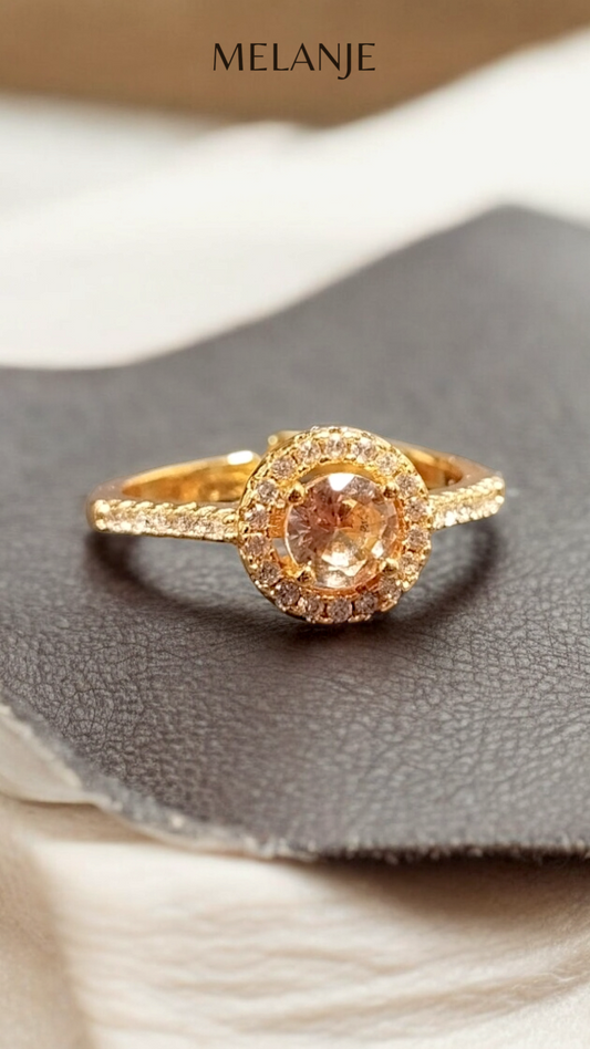Gold Plated Champagne Round Solitaire Crystal White Cubic Zirconia Halo Adjustable Engagement Ring