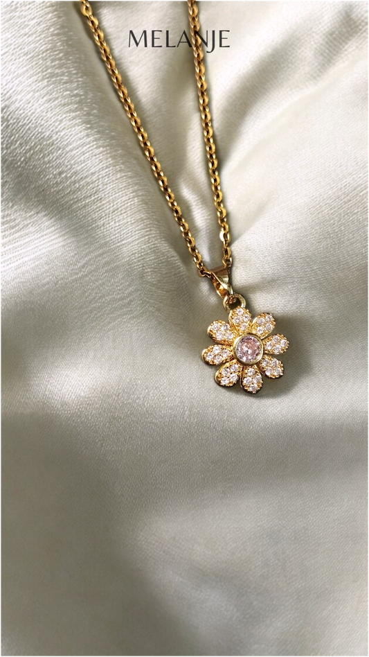1k Gold Plated Light Pink Zircons Mini Flower Delicate Rotatable Pendant Necklace