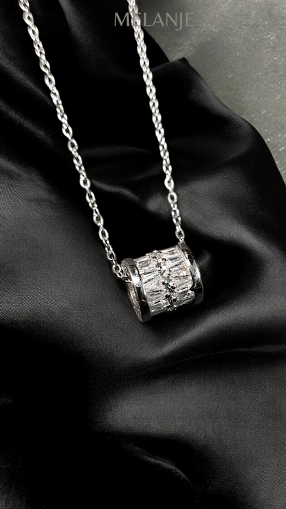 Sterling Silver Clear Cubic Zirconia Minimal Zig-Zag Pattern Ring Pendant Necklace