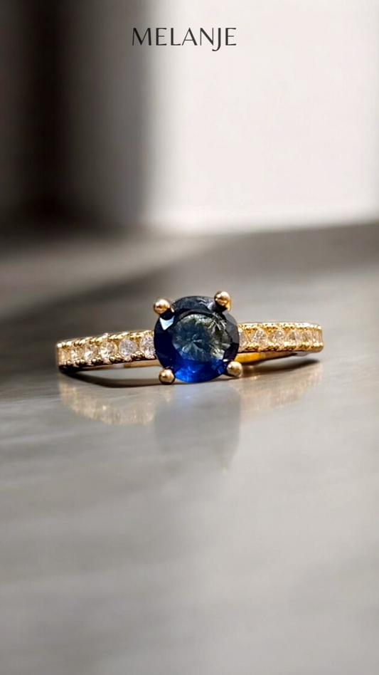 Sapphire Blue Round Solitaire Crystal White Cubic Zirconia Adjustable Gold Ring