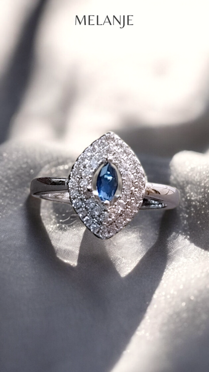 Sterling Silver Deep Blue Marquise Cut Solitaire Crystal Halo Cubic Zirconia Adjustable Ring