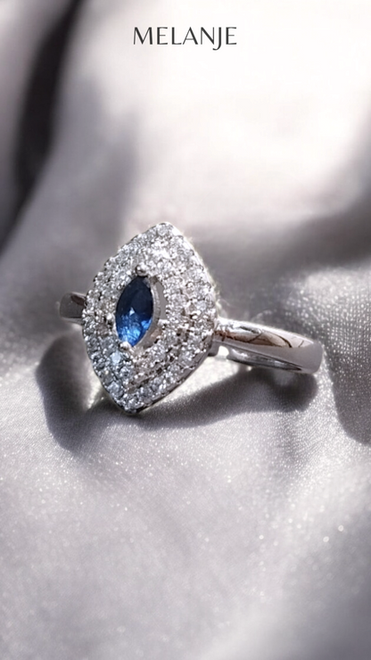 Sterling Silver Deep Blue Marquise Cut Solitaire Crystal Halo Cubic Zirconia Adjustable Ring