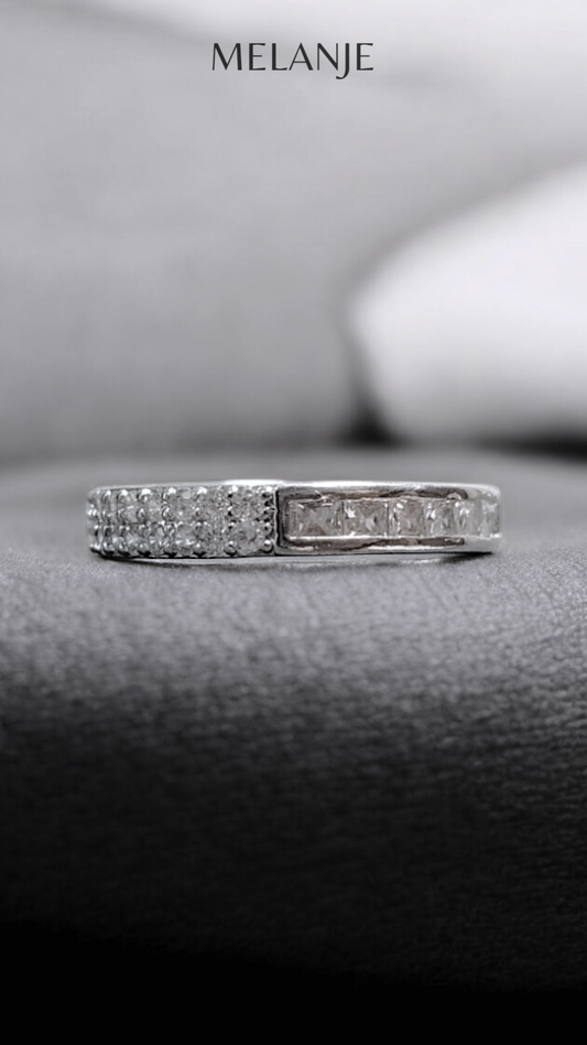 Double Row Inlaid Zircons & Clear Tapered Zirconia Adjustable Band Ring
