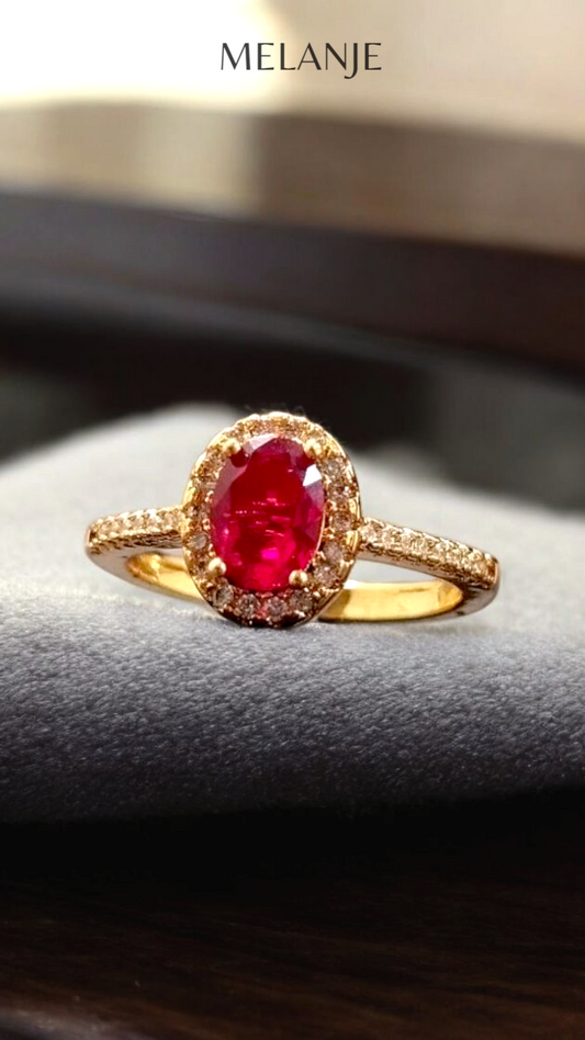 Ruby Red Oval Solitaire Crystal White Cubic Zirconia Halo Adjustable Gold Ring