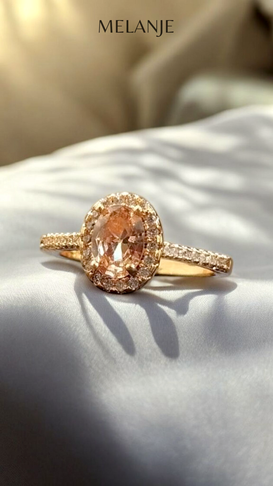 Oval Champagne Solitaire Crystal White Cubic Zirconia Halo Gold Ring- Adjustable & Waterproof