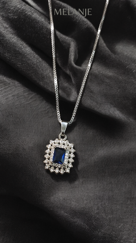 Sapphire Blue Rectangular Crystal Cubic Zirconia Stainless Steel Halo Pendant Necklace